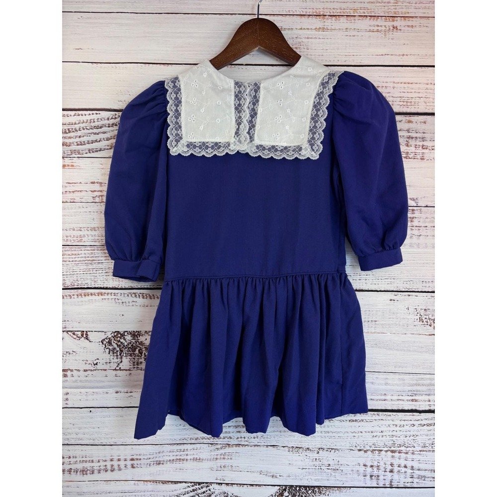 Vintage Girls Blue Dress 5 Drop Waist Puff Sleeve Peter Pan‎ Collar Lace Trim